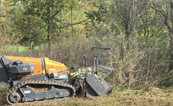 Mähraupe mit Forstmulcher Freistellen von Wiesen, Parkplätzen oder Bauplätzen - Mit Forstmulcher an der Mähraupe